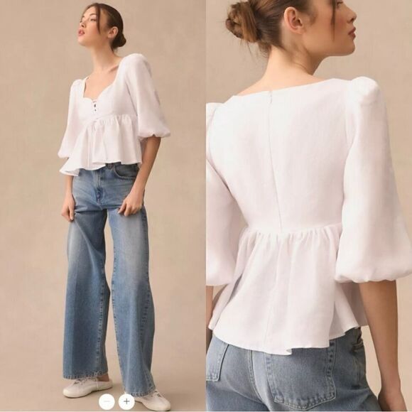 NWT Reformation Abigail White 100% Linen Puff Sleeve Prairie Blouse - Picture 4 of 10